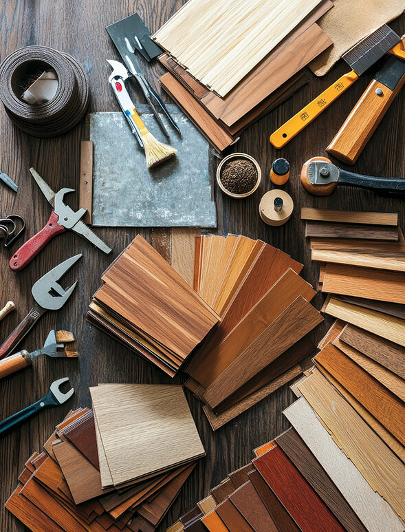 Image of Wood flooring and tile samples and tools for installation.
