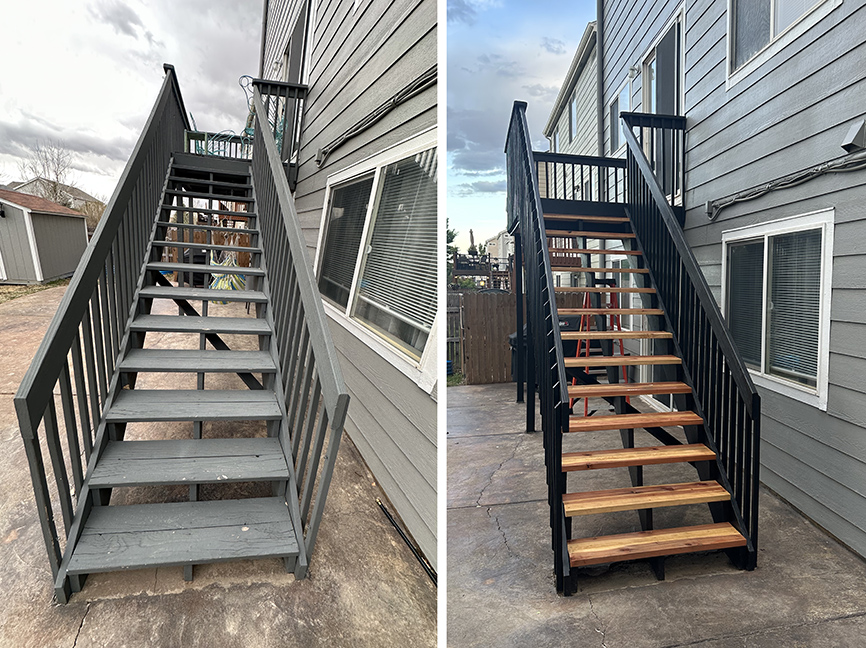 2 photos side by side showing before and after images of replacing exterior stairs and railings on a house.